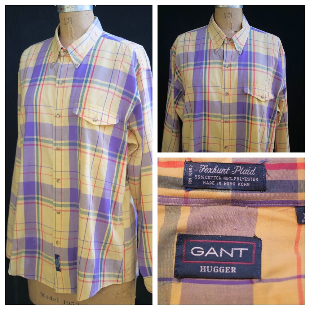 vtg 60s GANT Hugger Yellow Foxhunt Plaid Shirt Ivy League Prep Hong Kong XL